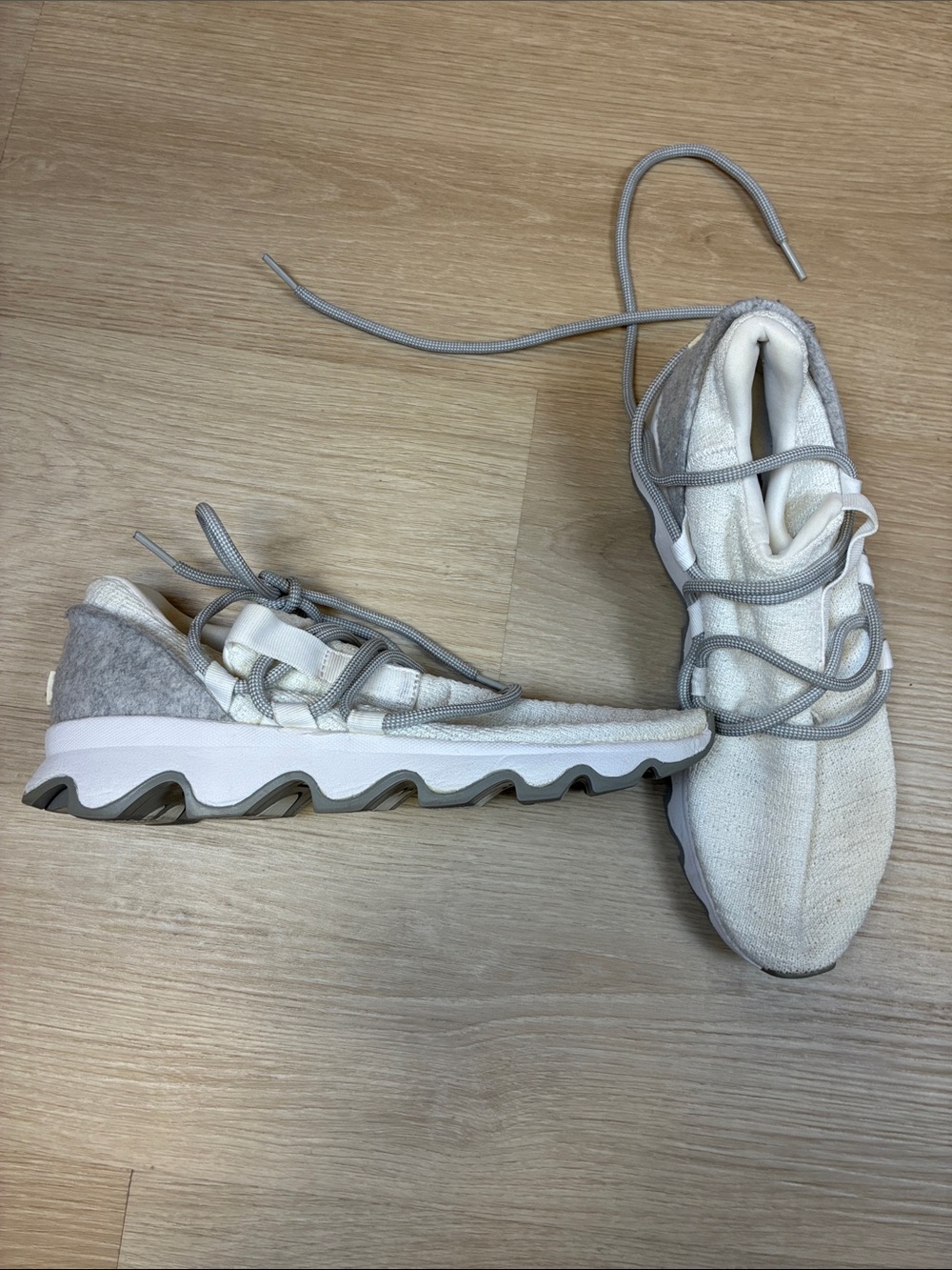 Sorel Kinetic Lace Women's Lace-Up Knit Sneakers in Cream and Gray